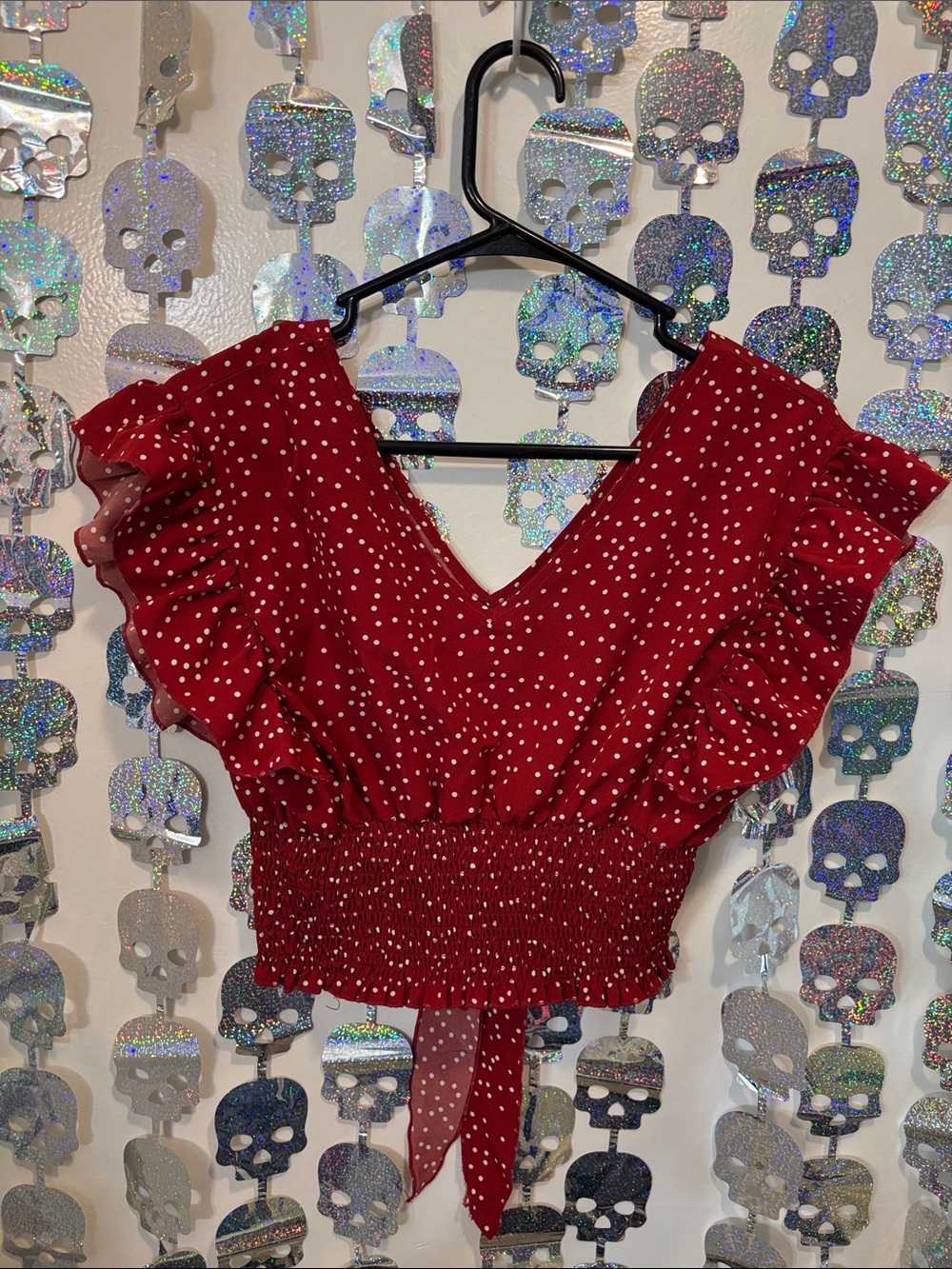 Source Unknown Red Polka Dot Ruffle Smocked Crop Top